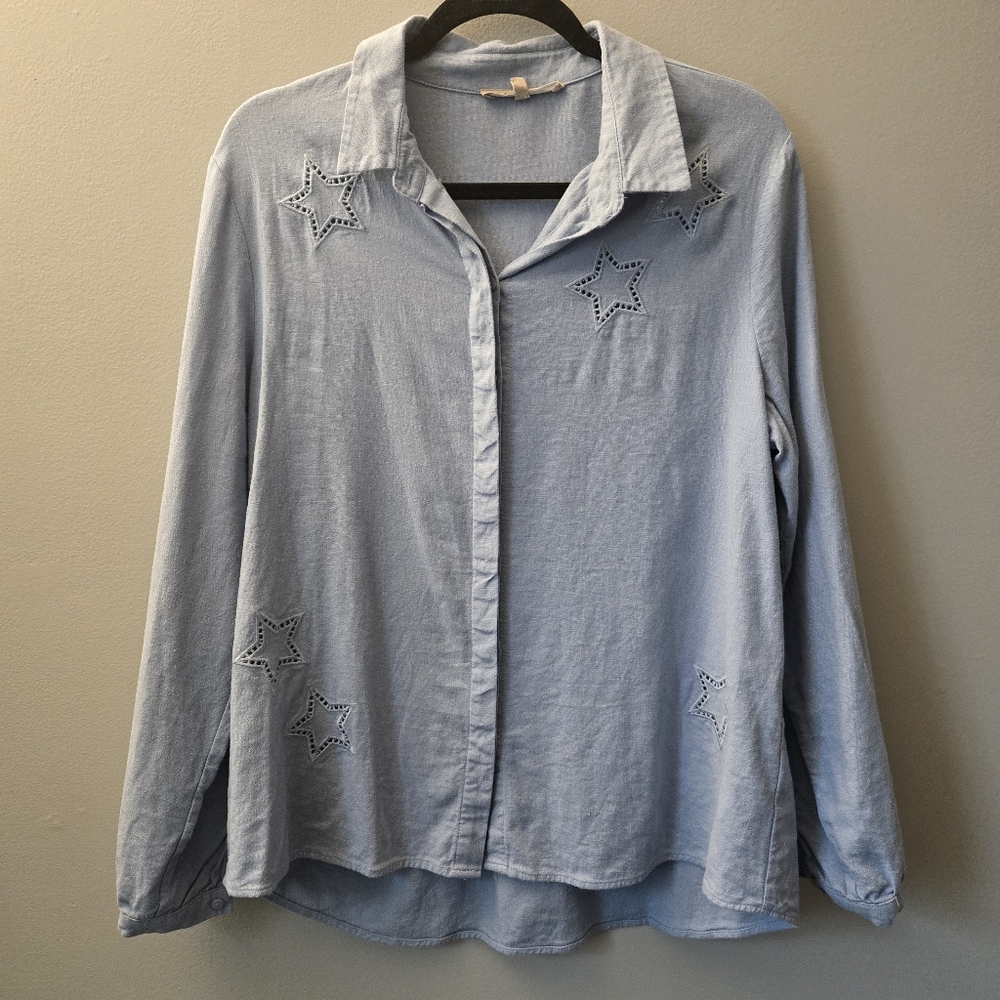 Womens Linen Blend Button Down Star Blue Shirt Size Large My Danielle